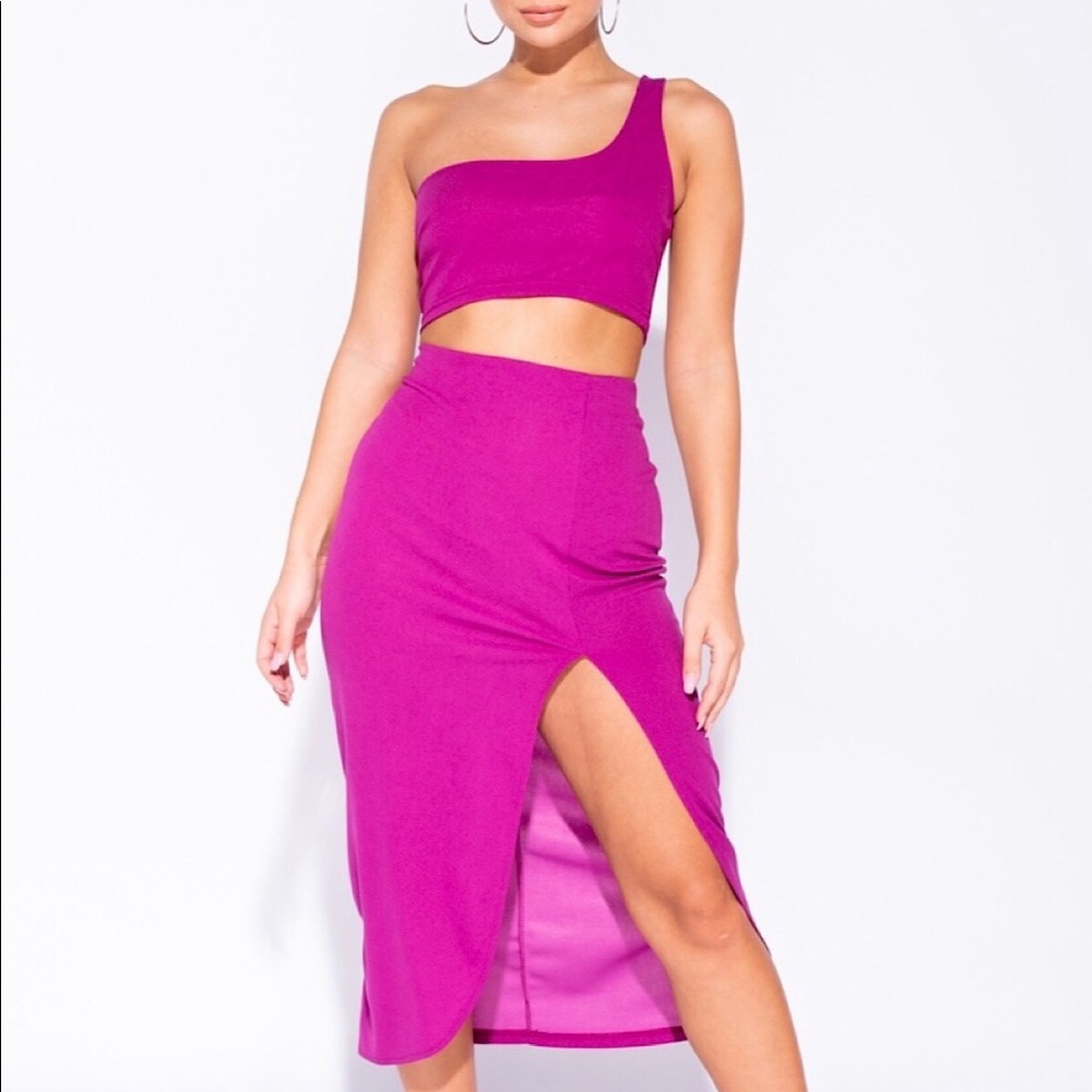 Magenta Kardashian Inspired Split Skirt Set